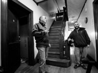 Mike Silvia, left, gives new resident, Matt Thibodeau a tour of the Veterans Transition House in New Bedford, MA.  Mike is one of the longest residents of the VTH at 16 months, while Matt, an Army veteran, is the latest to arrive.  PHOTO PETER PEREIRA